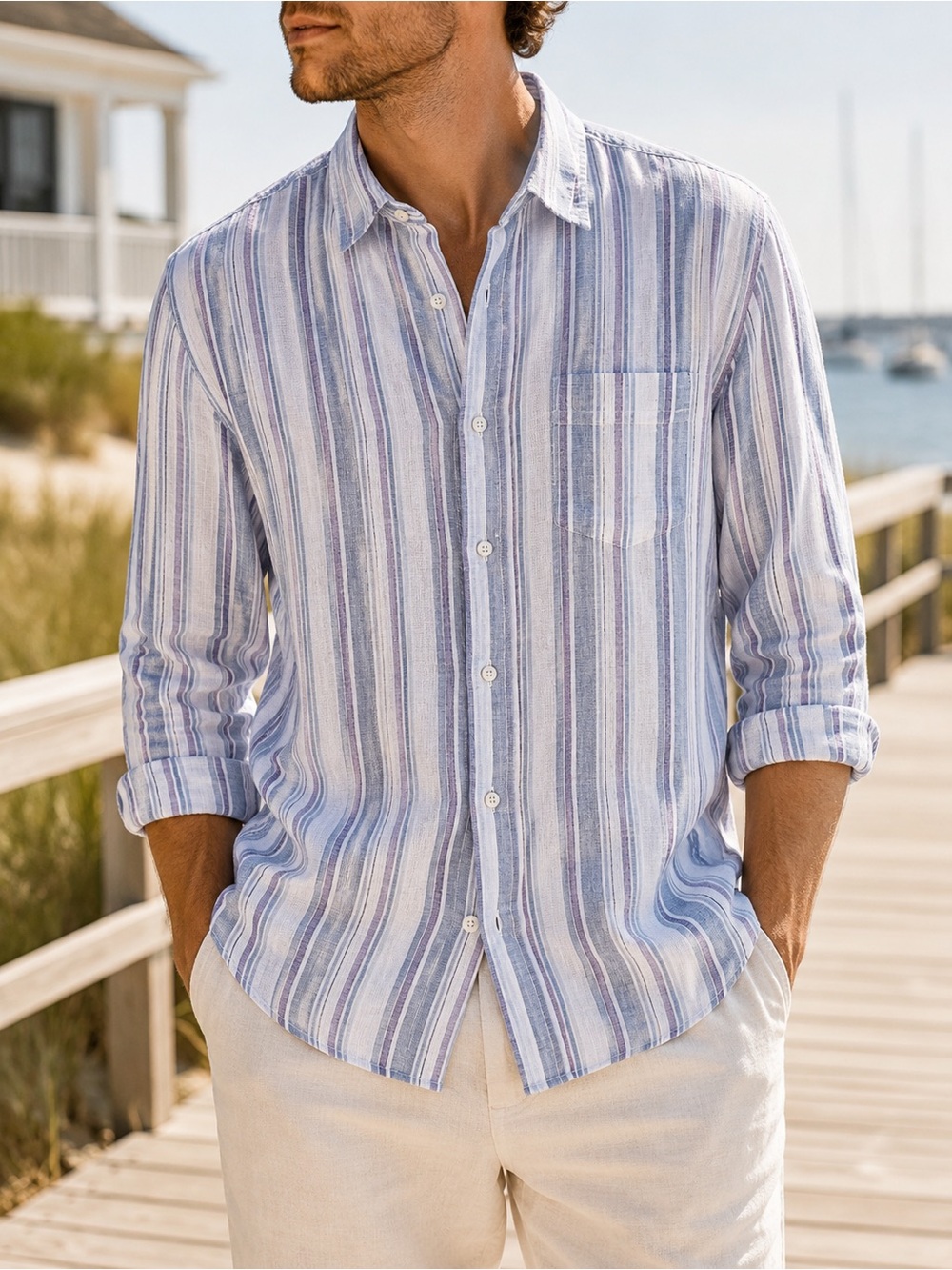 L.L.Bean Men’s 100% Linen Button Front Shirt Blue Stripe Large Regular Casual